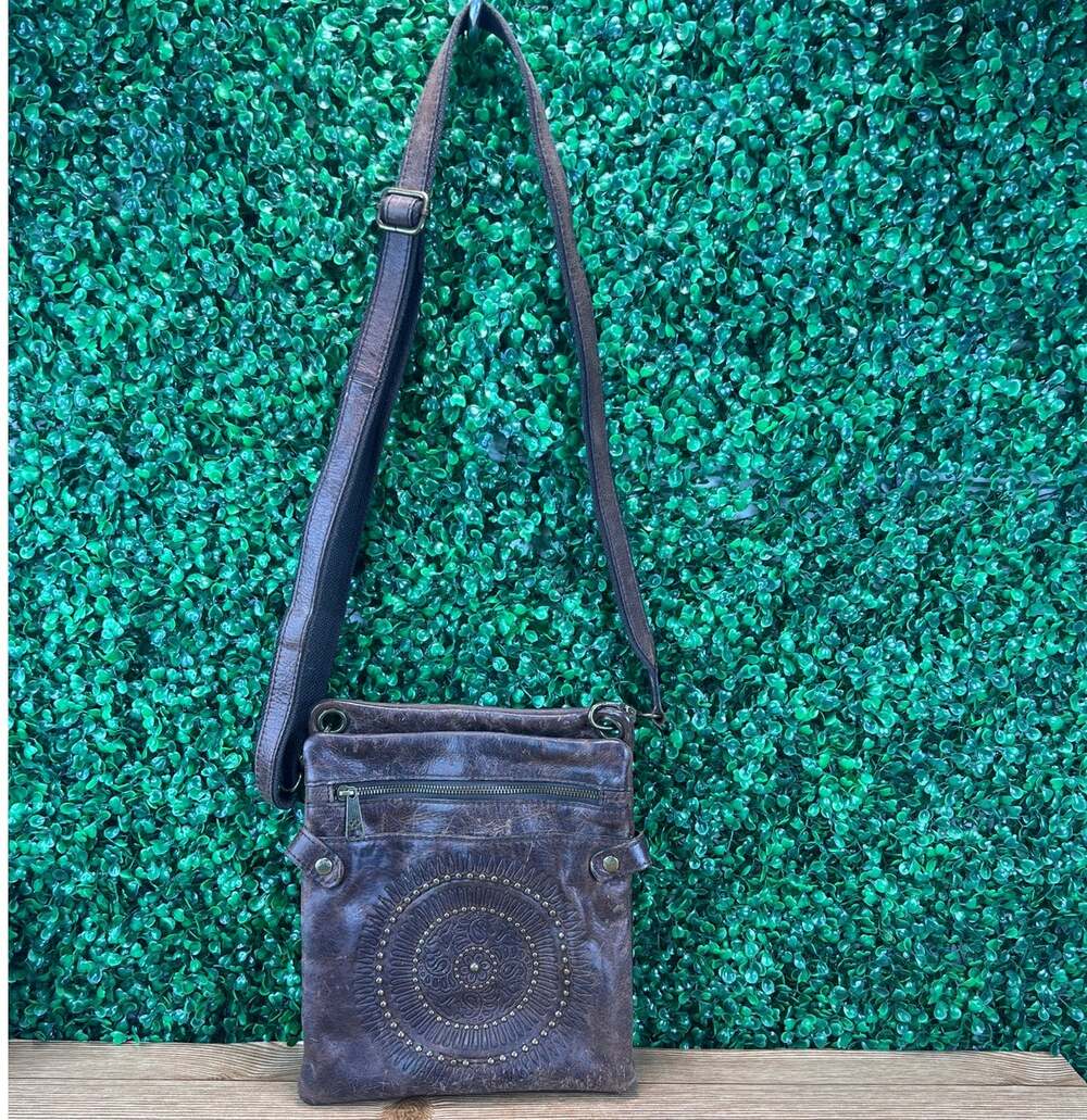 Patricia Nash Francesca Hand-Tooled, Studded Burnished Brown Crossbody Bag